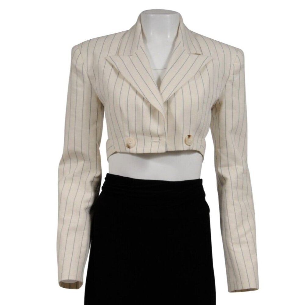 Ronny Kobo Womens Santos Striped Blazer XS Ecru Tan Blue Jaccket Cotton Suit